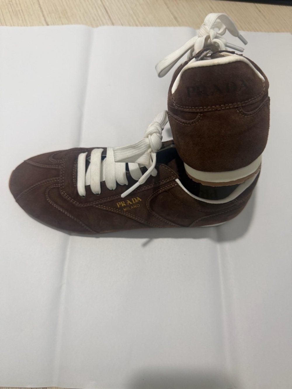 Prada Brown Suede women’s Sneakers with White Laces - Picture 2 of 13